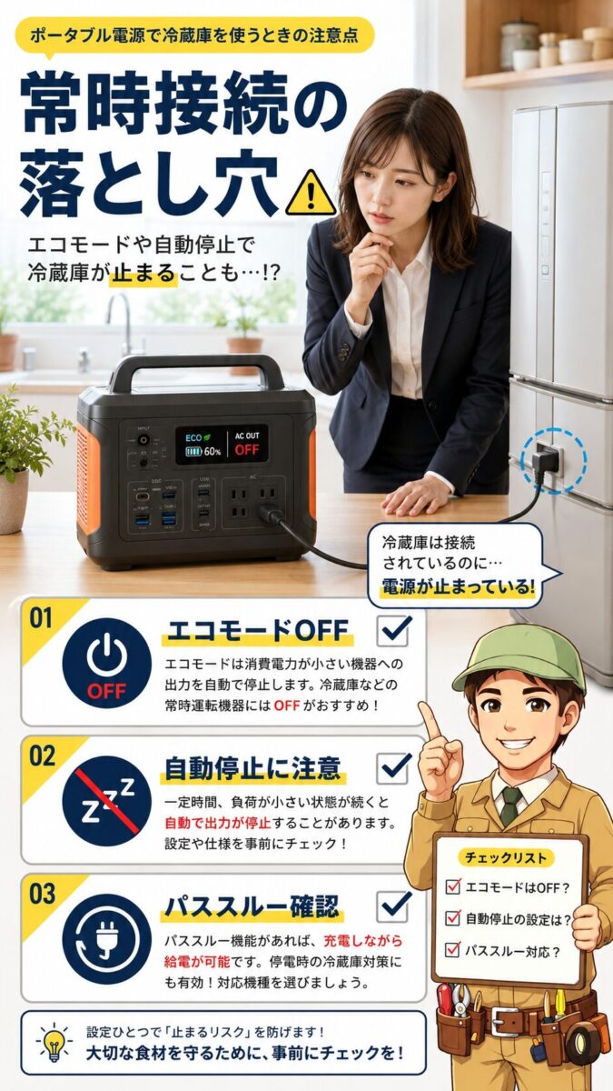 冷蔵庫をポータブル電源に常時接続する際のエコモードや自動停止の注意点を示した