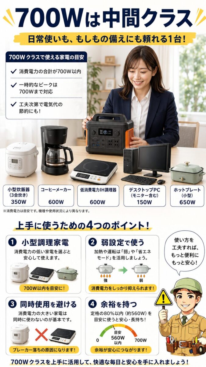700Wクラスのポータブル電源で使える家電と注意点を示した画像
