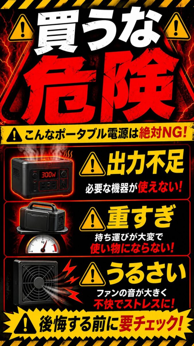 出力不足、重量、騒音など買ってはいけないポータブル電源の特徴を警告する画像