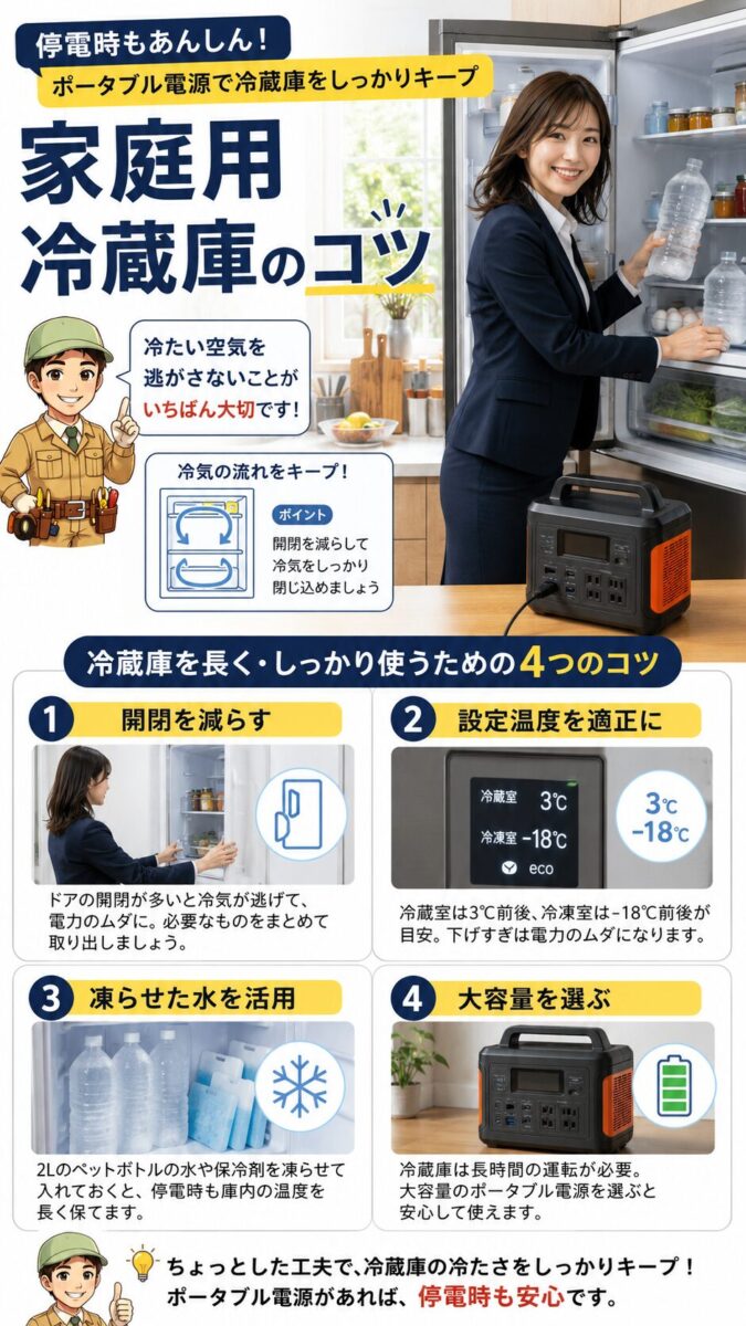 家庭用冷蔵庫をポータブル電源で長く動かすための工夫を示した画像