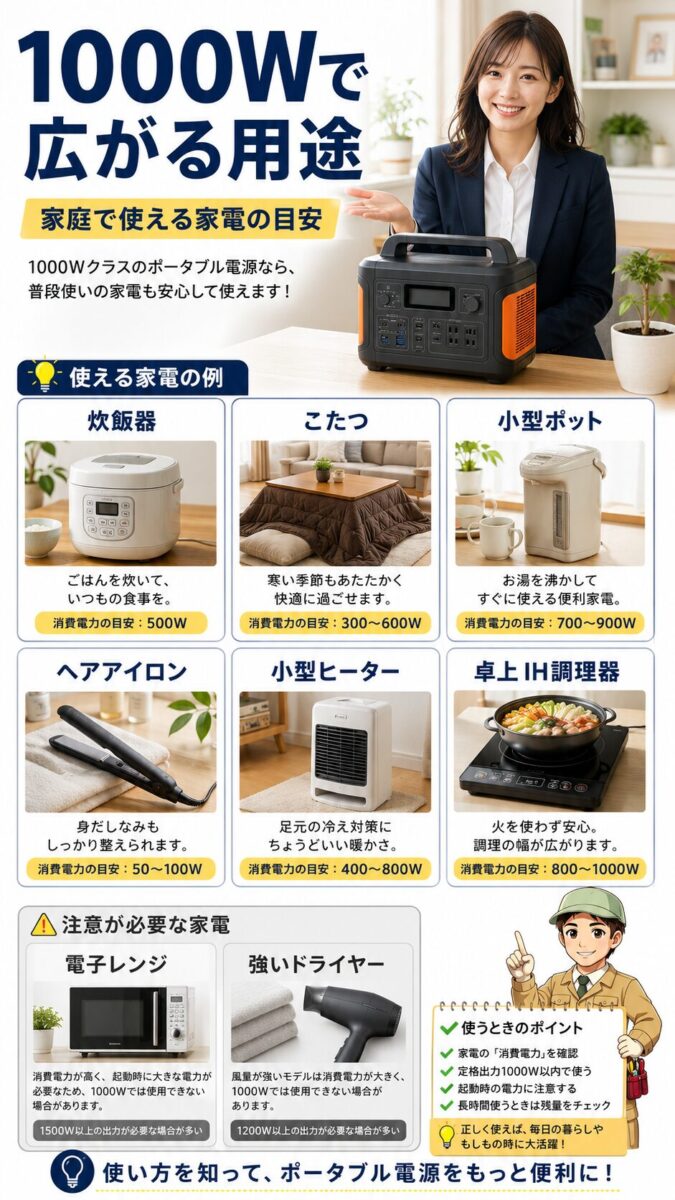 1000Wクラスのポータブル電源で使える家電の範囲を示した画像