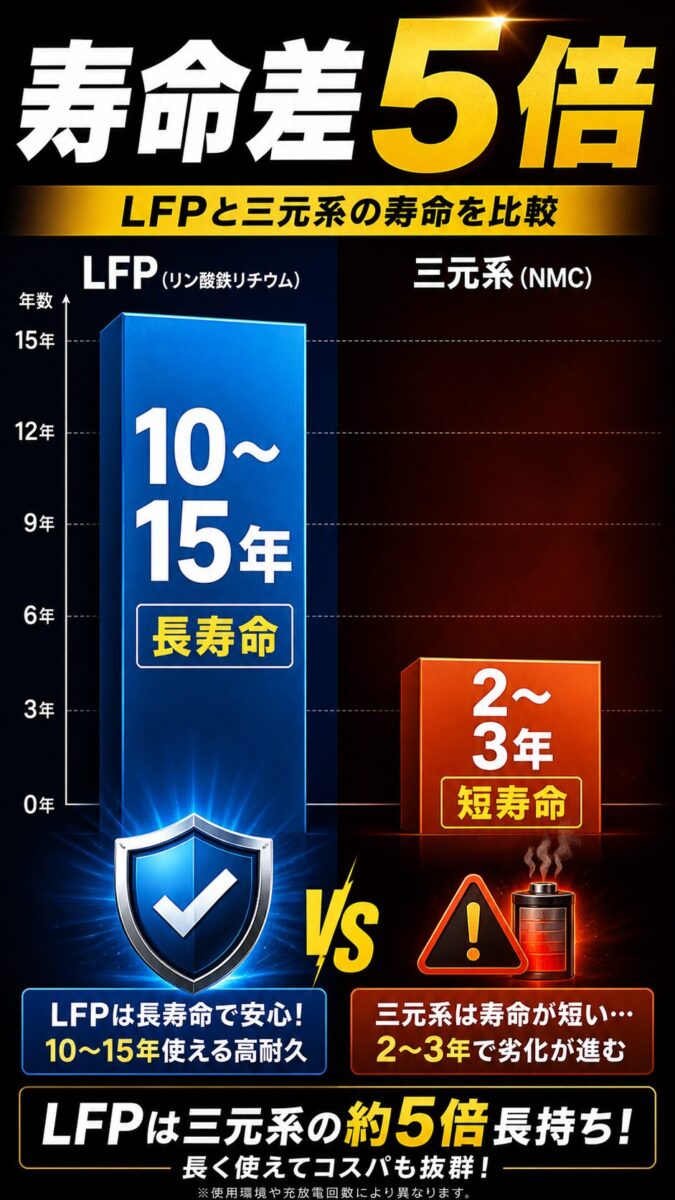 LFP電池と三元系電池の寿命差を棒グラフで比較した図解