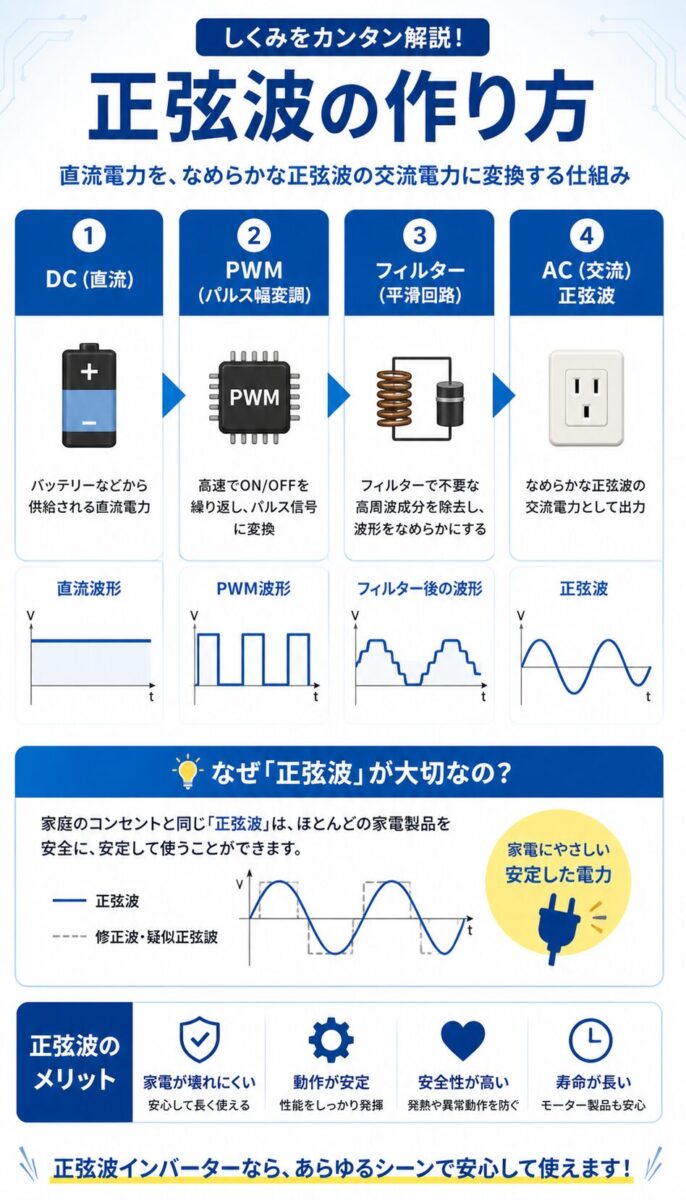 正弦波インバーターの仕組みを解説した図