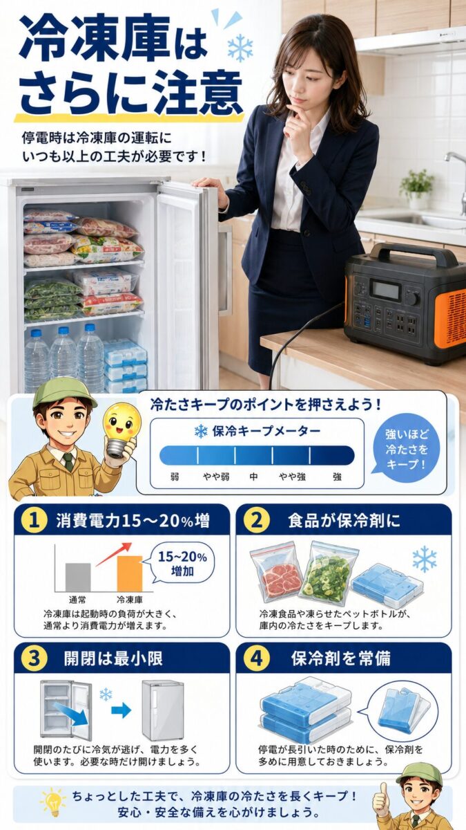 ポータブル電源で冷凍庫を動かす際の消費電力と保冷の考え方を示した画像