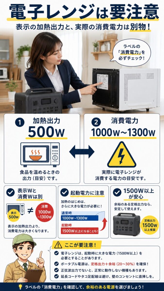 電子レンジの表示ワット数と実際の消費電力の違いを示した画像