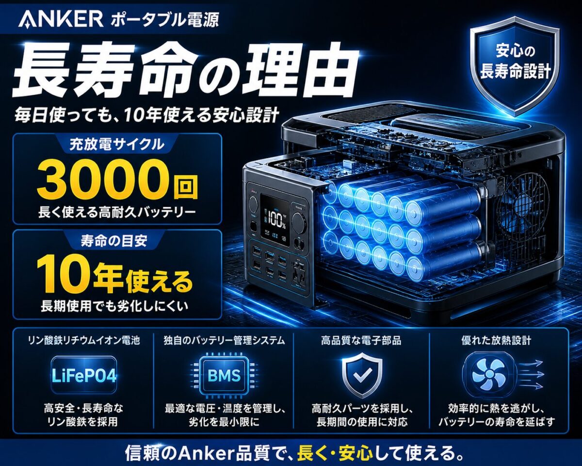 アンカーのポータブル電源が長寿命とされる理由をバッテリー構造で示した図解