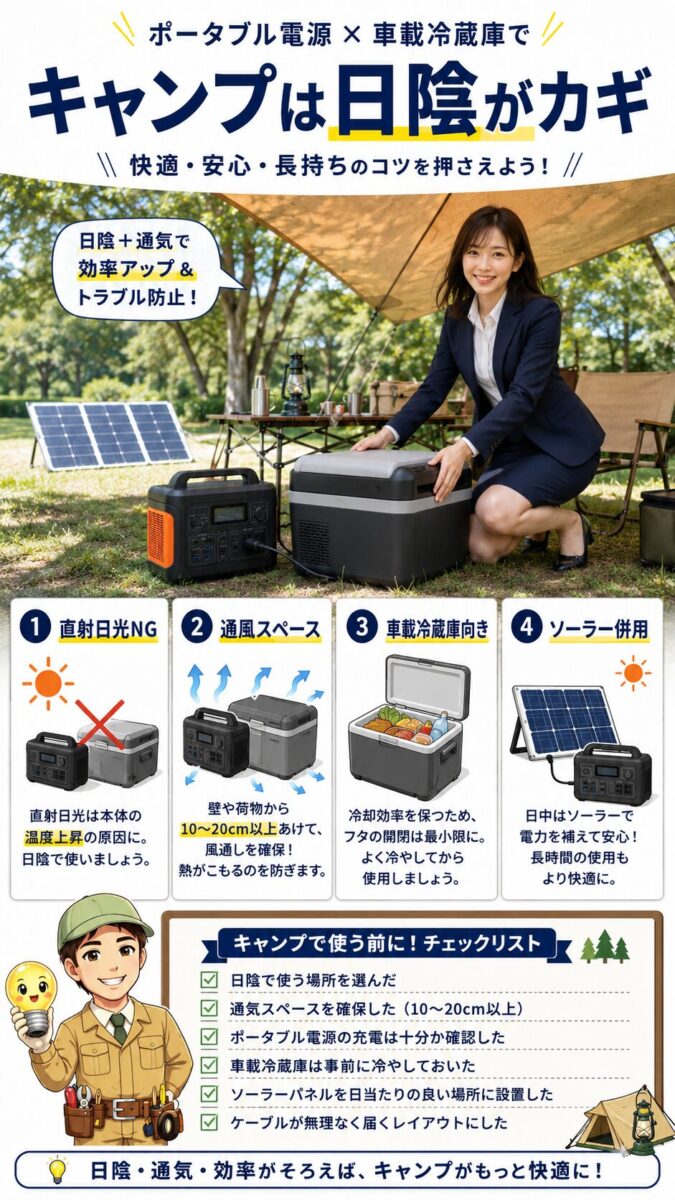 キャンプでポータブル電源と車載冷蔵庫を安全に使う方法を示した画像