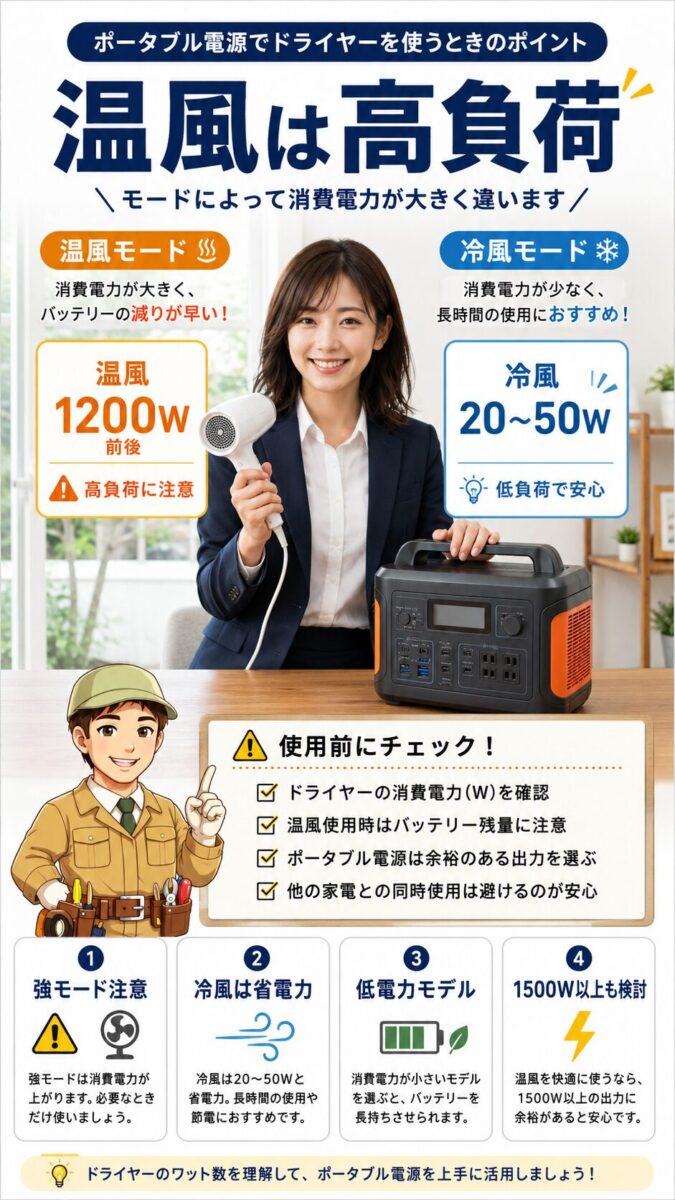 ポータブル電源でドライヤーを使う際の温風と冷風の消費電力差を示した画像