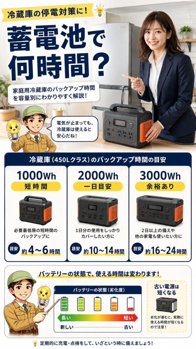 ：蓄電池容量ごとに冷蔵庫を維持できる時間の目安を比較した画像