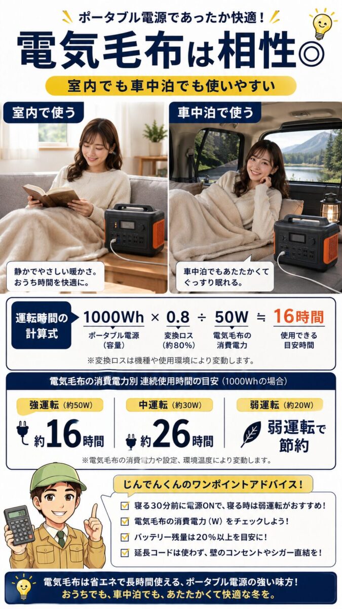 電気毛布の稼働時間をポータブル電源容量から計算する画像