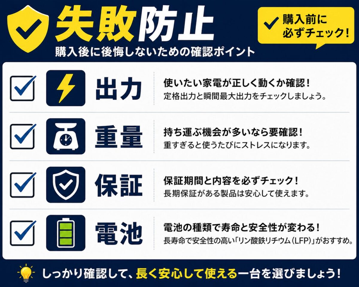 購入前に確認すべき出力、重量、保証、電池のチェックポイントをまとめた図解
