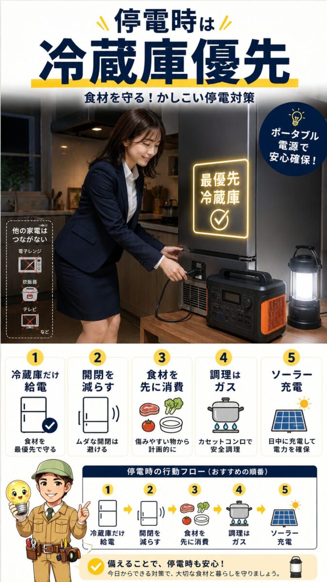 停電時にポータブル電源で冷蔵庫を優先して守る手順を示した画像