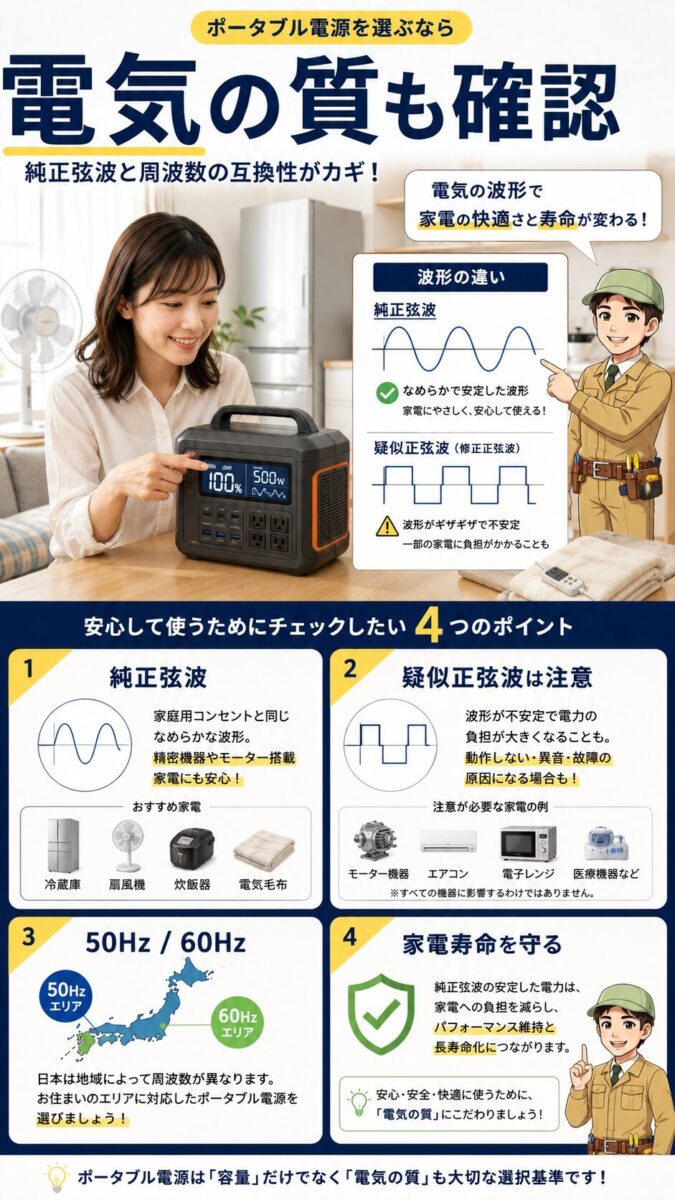 ポータブル電源の純正弦波と周波数確認の重要性を示した画像
