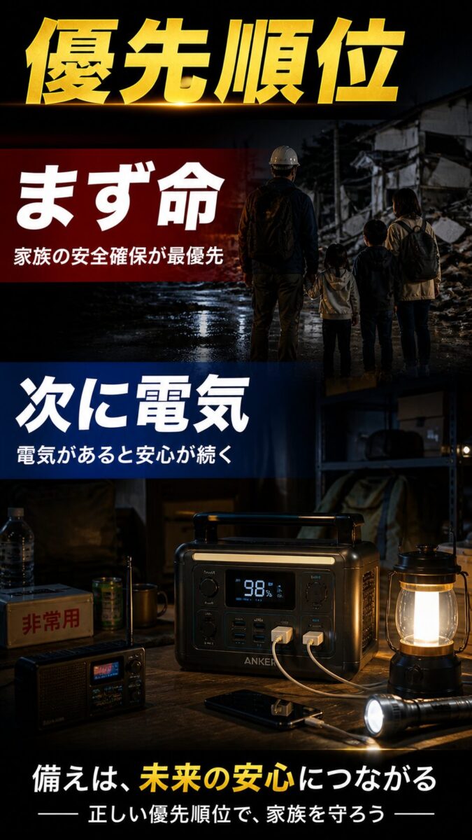 災害時に命の安全を優先し、その次に電気を確保する考え方を示した防災画像