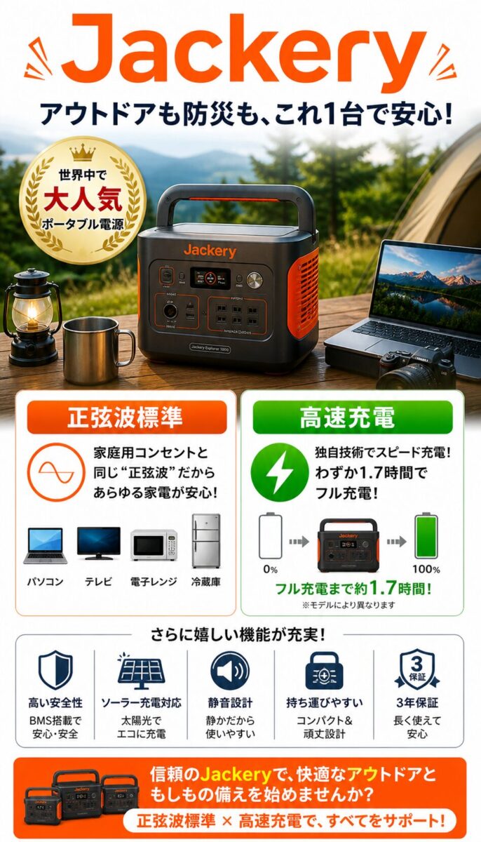 Jackeryポータブル電源の特徴を紹介する画像