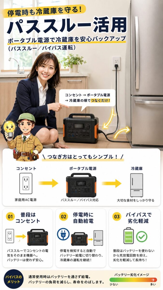パススルー機能で冷蔵庫を停電時にバックアップする仕組みを示した画像