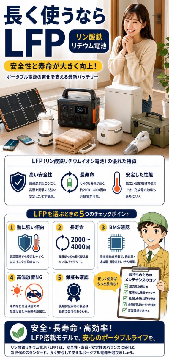 リン酸鉄リチウム電池の安全性と寿命の特徴を示した画像