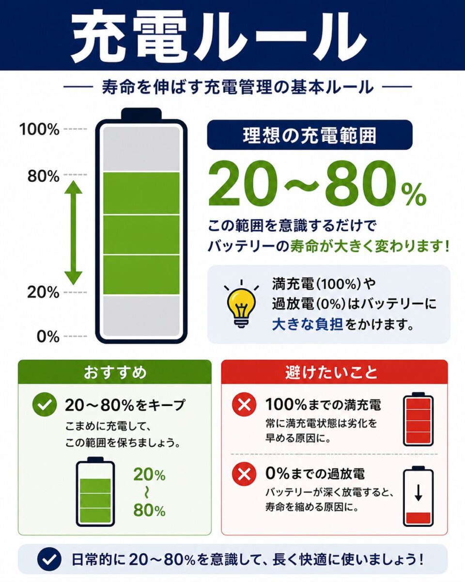 ポータブル電源の寿命を伸ばすために20〜80％の充電管理をすすめる図解