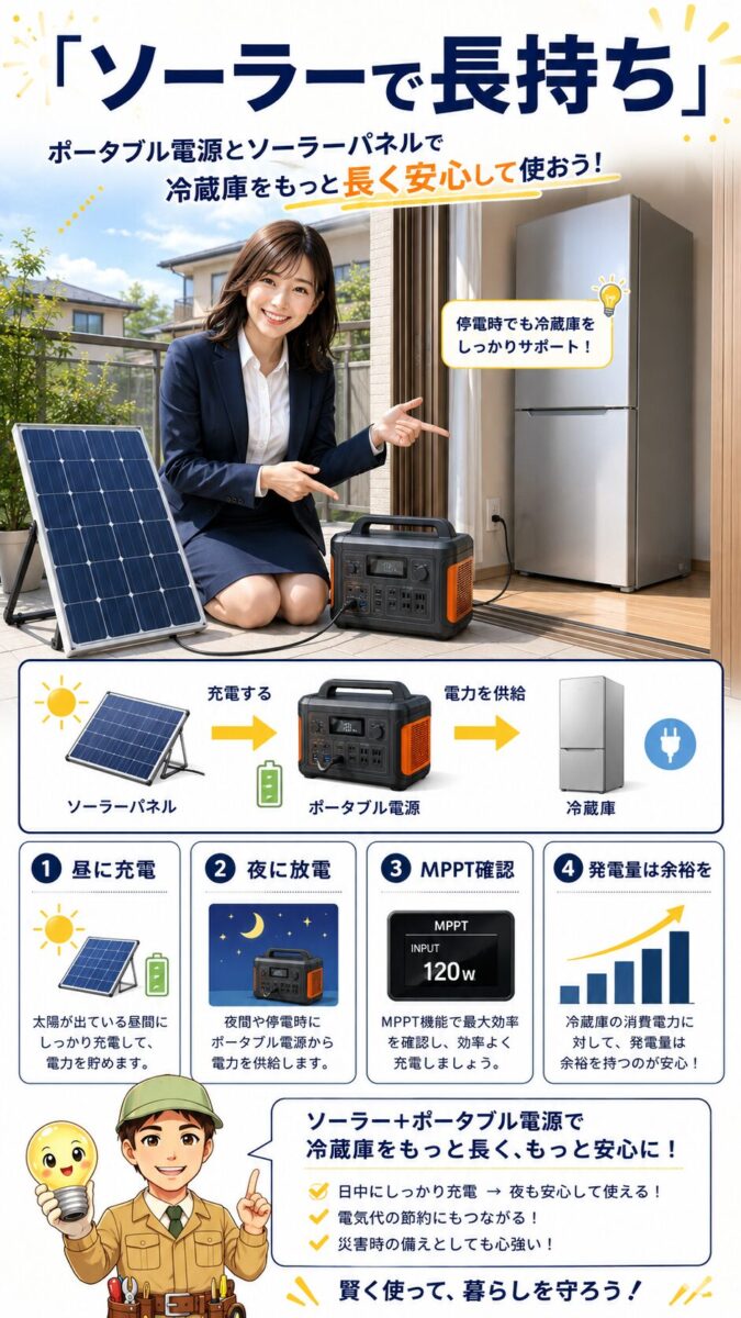 ソーラーパネルとポータブル電源で冷蔵庫を長時間稼働させる仕組みを示した画像