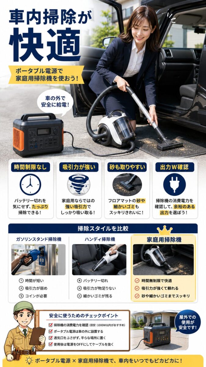 ポータブル電源で家庭用掃除機を使い車内清掃するメリットを示した画像
