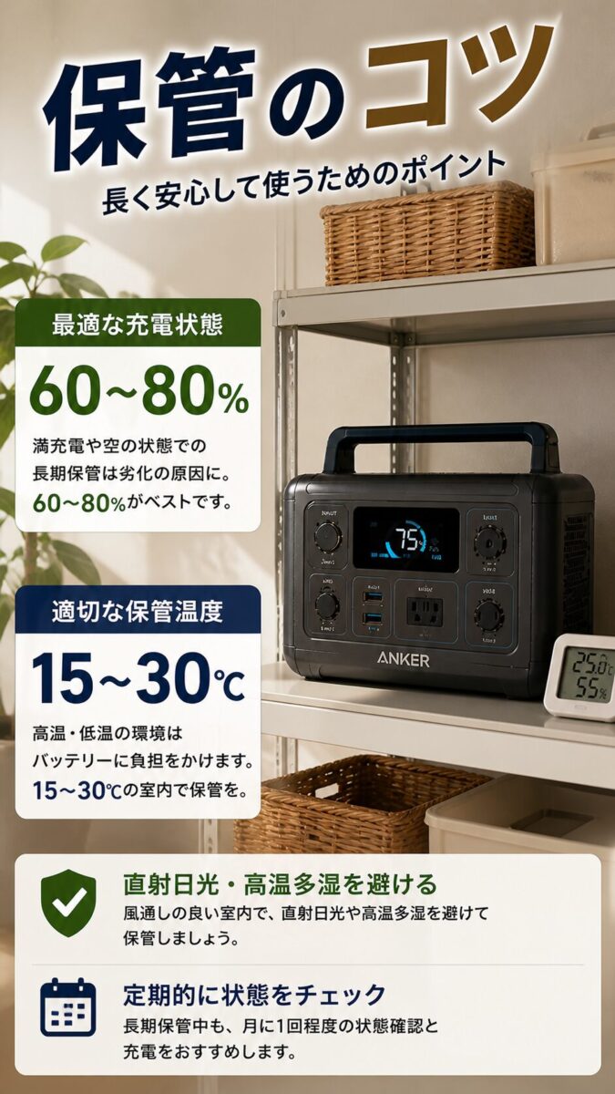ポータブル電源の保管時に60〜80％の充電状態と15〜30℃の温度管理を示した画像
