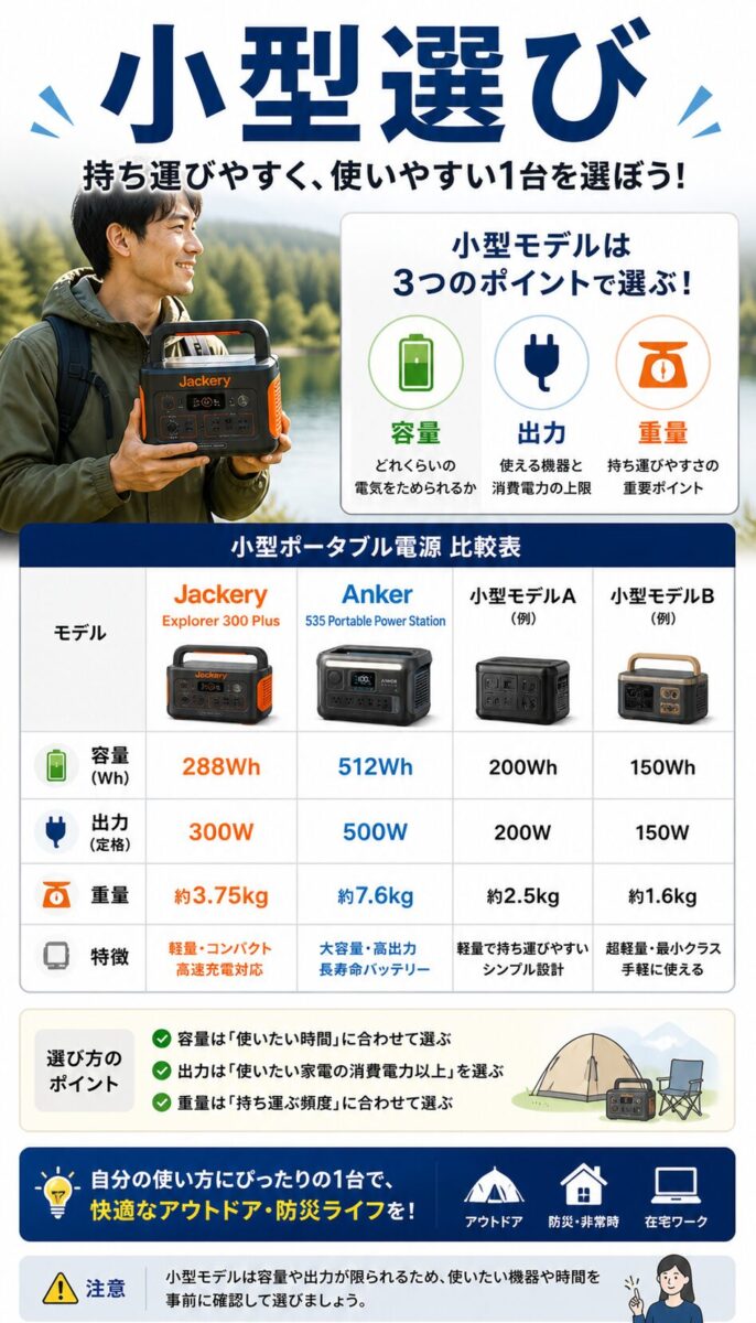 小型ポータブル電源の選び方を解説した図