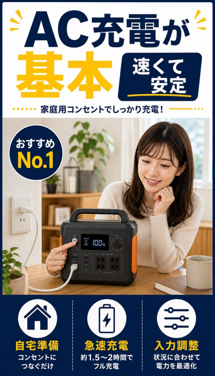 自宅のACコンセントでポータブル電源を充電する様子