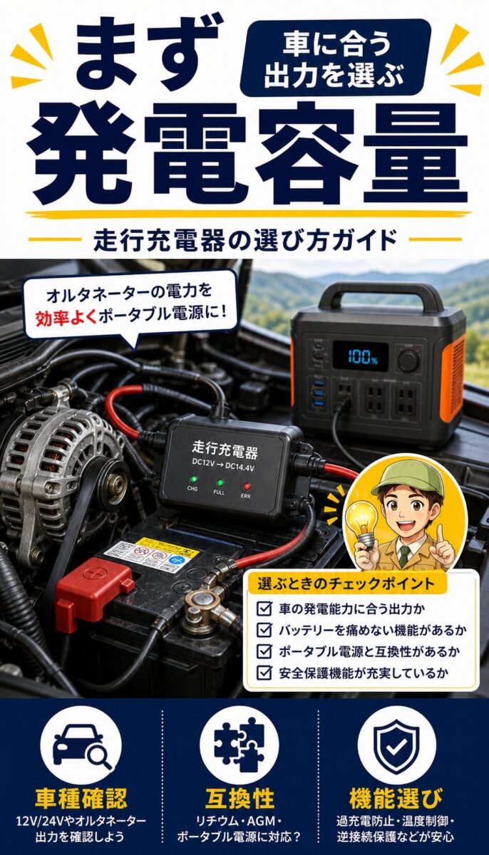 オルタネーターチャージャーを選ぶ3つのポイントを示した画像