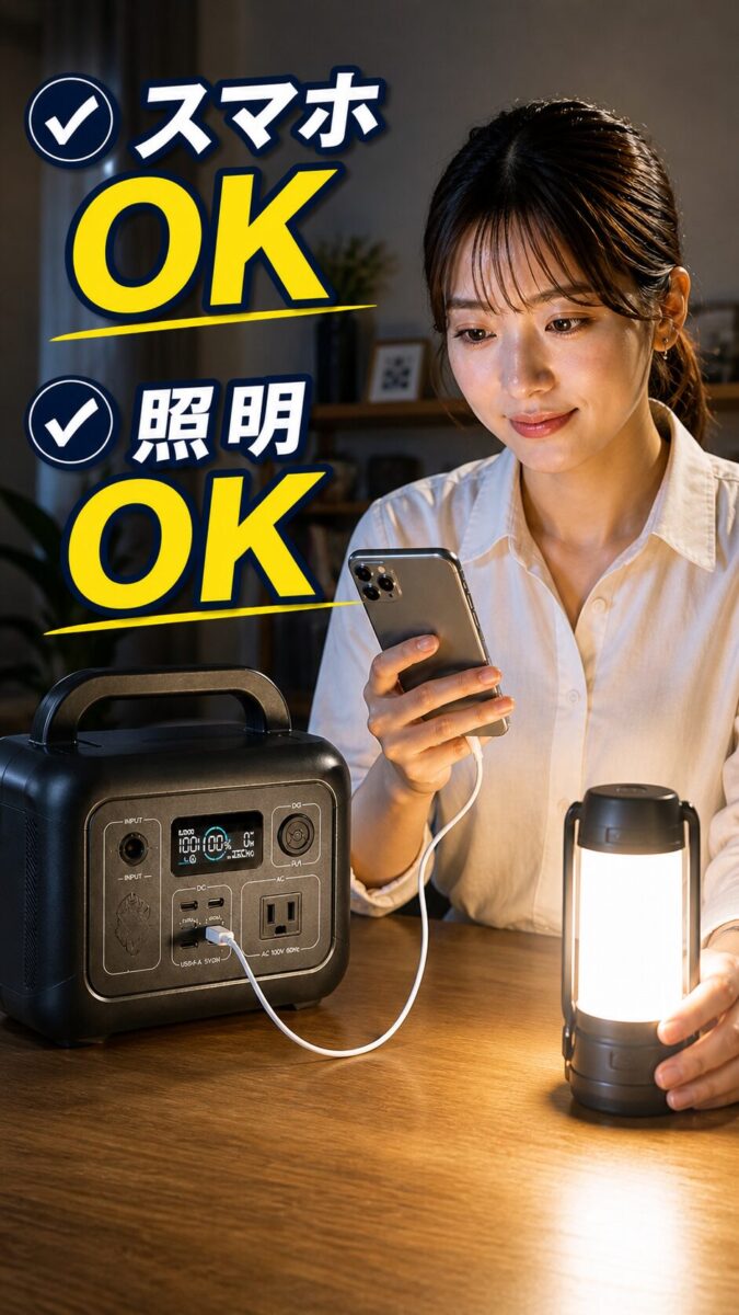 停電時にスマホと照明を使う女性