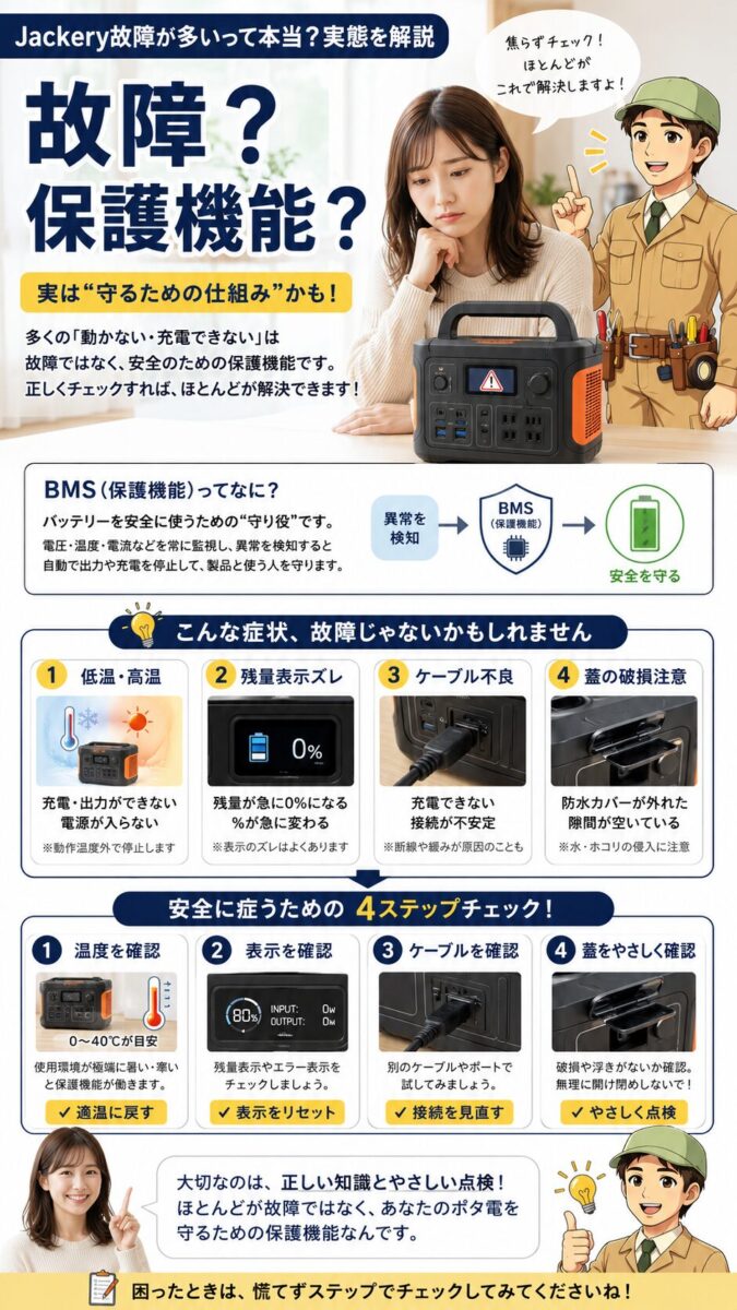 Jackeryの故障に見えるトラブルとBMS保護機能の違いを説明した画像
