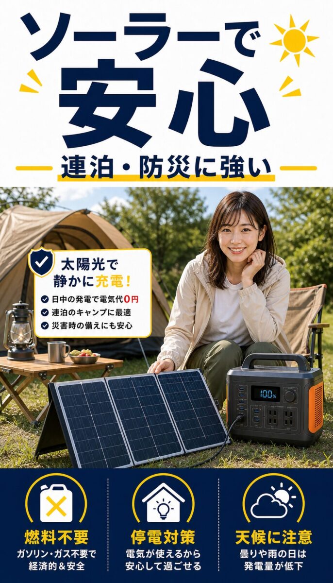 キャンプ場でソーラーパネルからポータブル電源を充電する画像