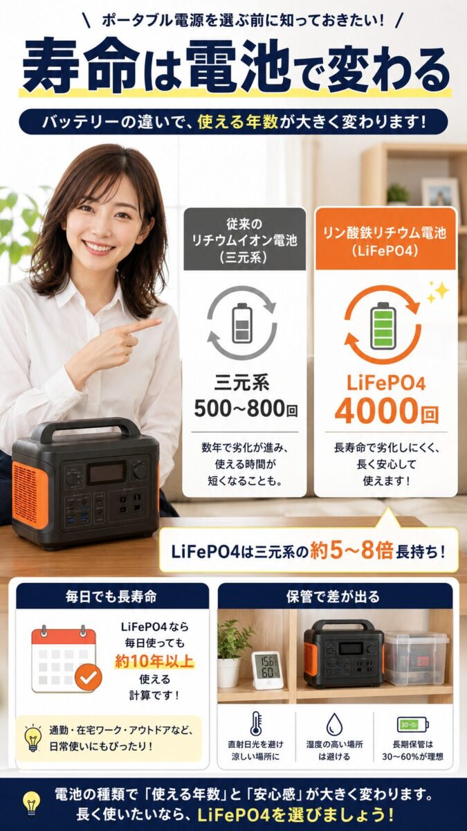 ジャクリポータブル電源の寿命とリン酸鉄リチウム電池の違いを示す画像