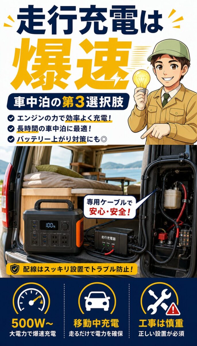 車内でオルタネーターチャージャーを使い走行充電する画像
