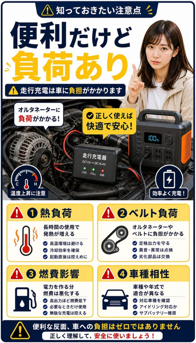 オルタネーターチャージャーの車両負荷と注意点を示した画像