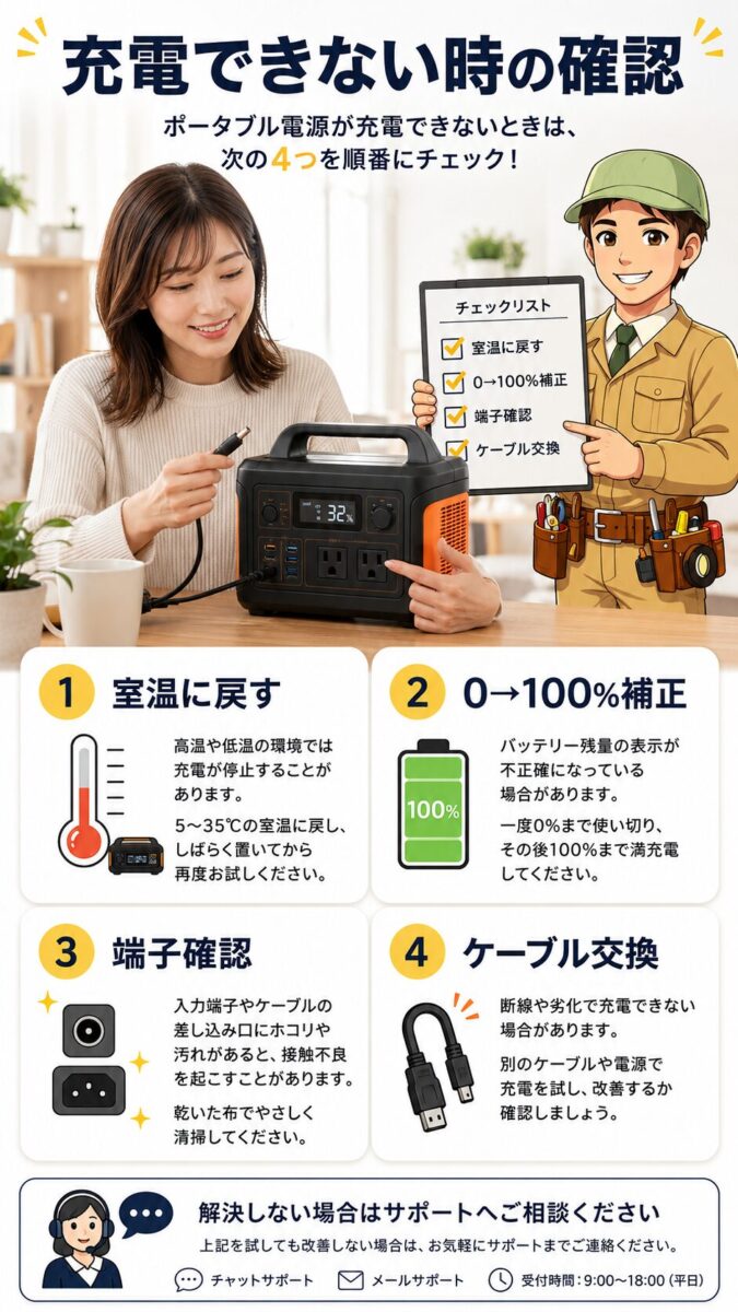 Jackeryポータブル電源が充電できない時の確認手順をまとめた画像
