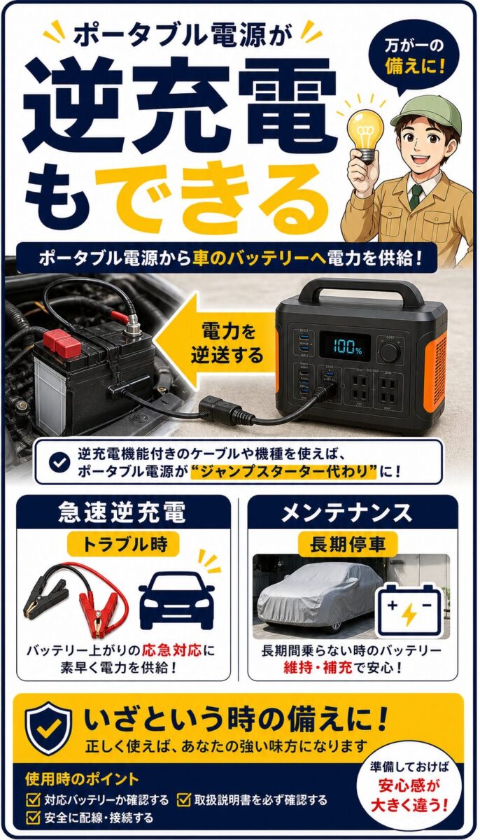 ポータブル電源から車のメインバッテリーへ逆充電する仕組みを示した画像