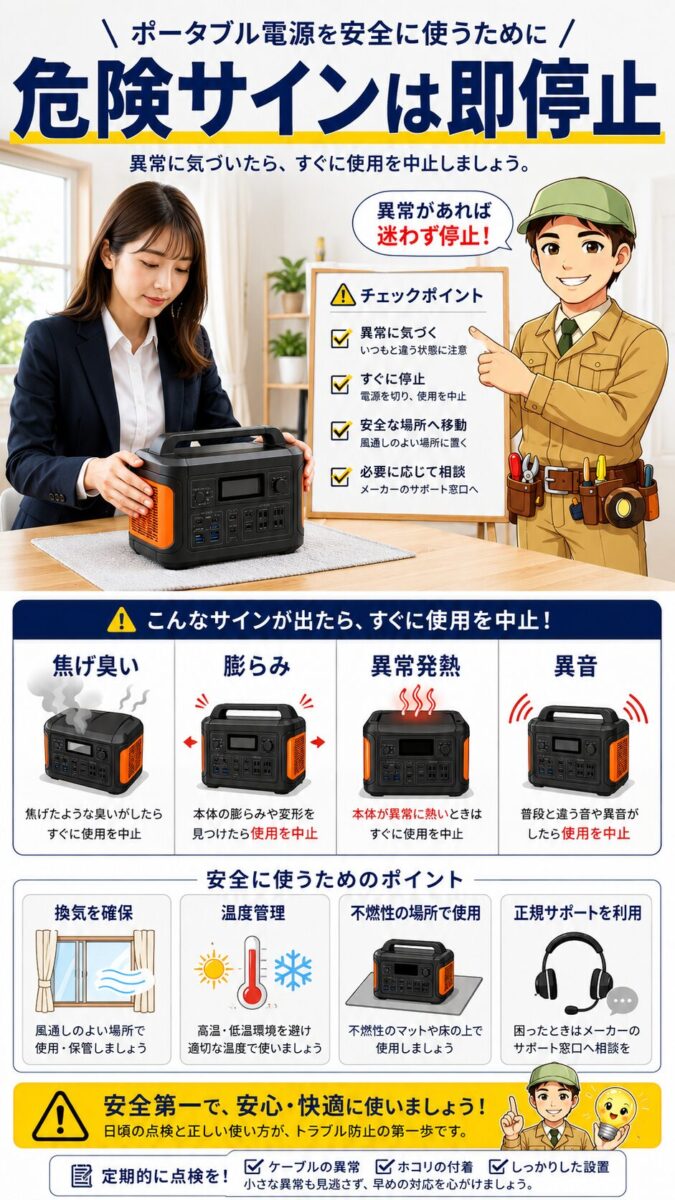 Jackeryポータブル電源の発火リスクと危険サインを説明した安全対策画像