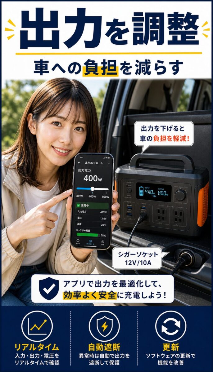 アプリで走行充電の出力を調整する様子を示した画像