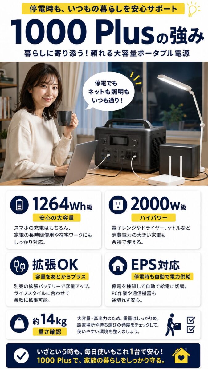 Jackery 1000 Plusの容量・出力・拡張性・EPS機能を説明した画像