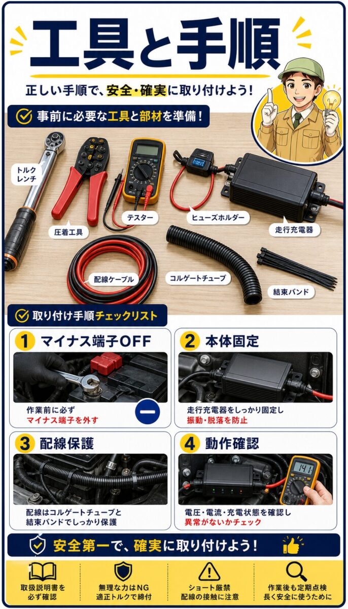 取り付けに必要な工具と接続手順をまとめた画像