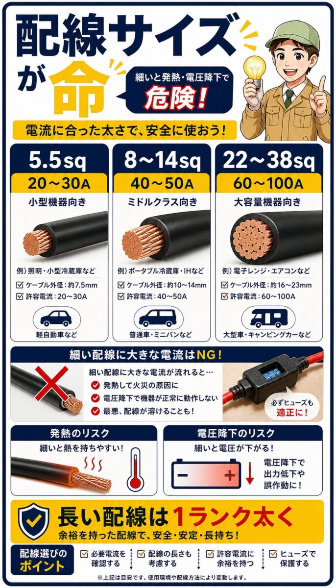 電流に応じたケーブルサイズ選びを説明した画像
