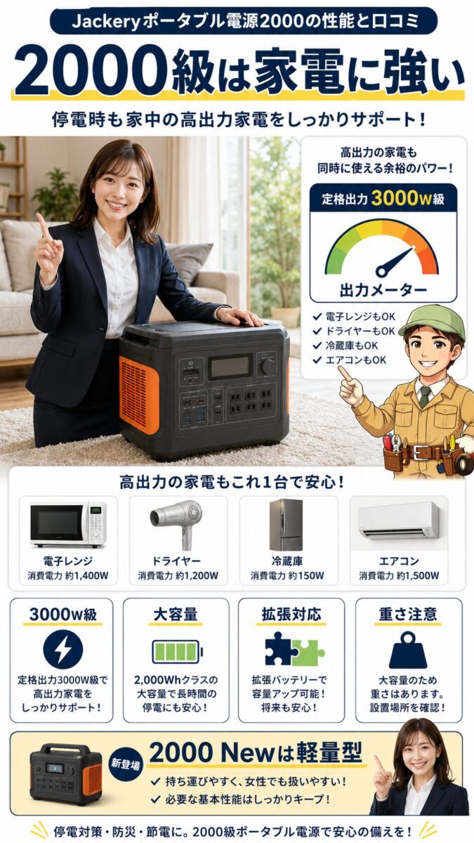 Jackery 2000クラスの性能と大型家電への対応を比較した画像