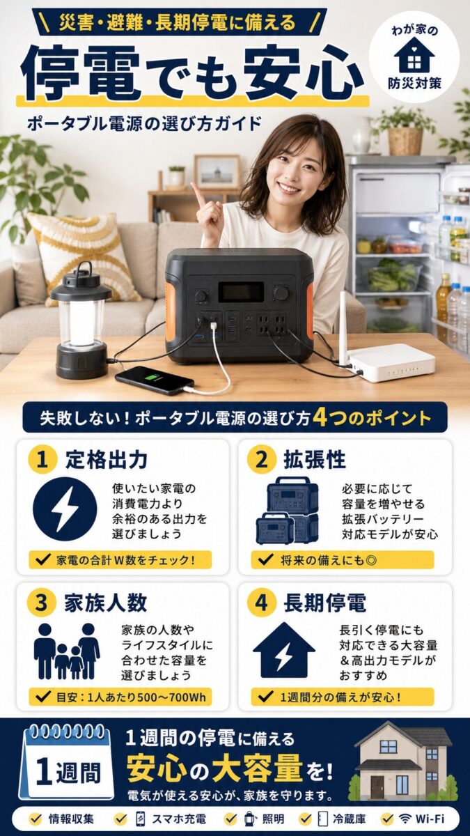 防災や停電対策に向いたポータブル電源の選び方を示す画像