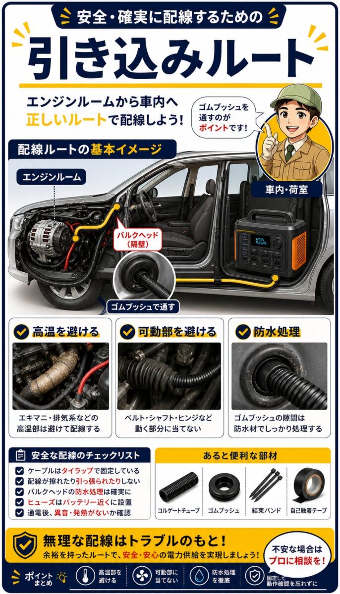 エンジンルームから車内へ安全に配線を引き込むルートを示した画像