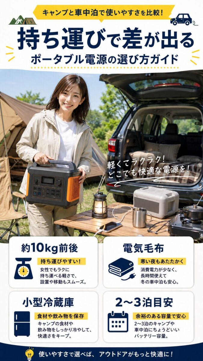 キャンプや車中泊で使いやすいポータブル電源の重さと容量を比較した画像