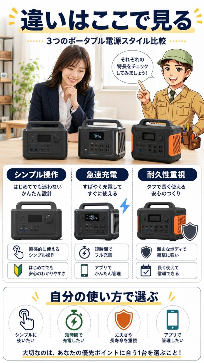 JackeryとEcoFlowやAnkerの違いを操作性や充電速度で比較した画像