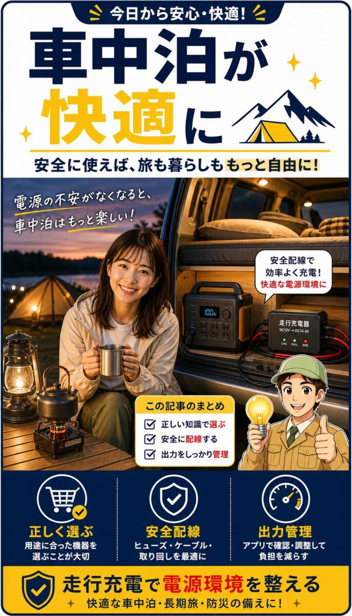 車中泊の電源環境を安全に整えるポイントをまとめた画像