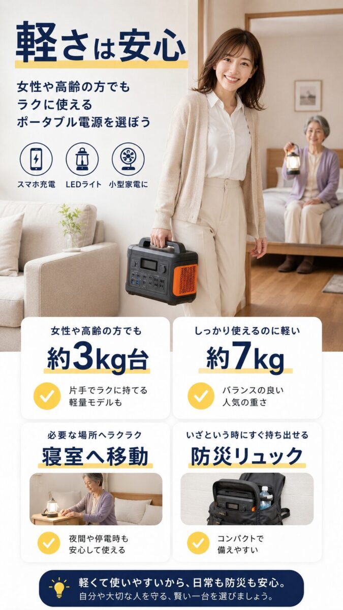 女性や高齢者でも扱いやすい軽量ポータブル電源を説明した画像