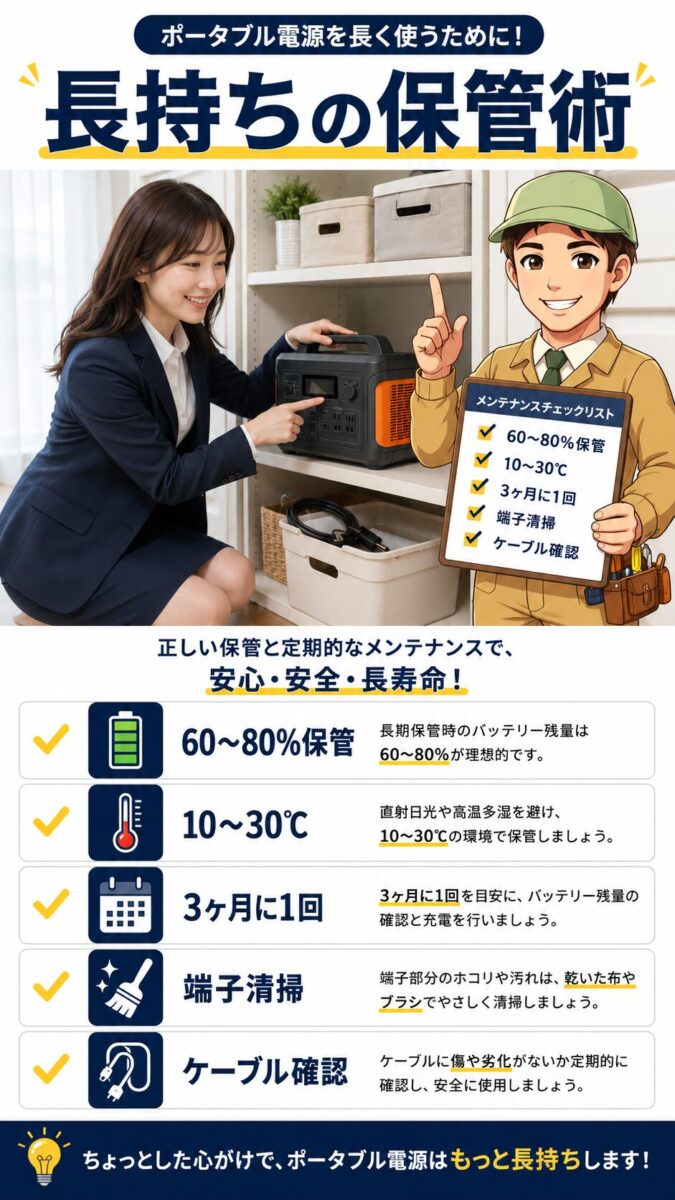 ポータブル電源の寿命を延ばす保管方法とメンテナンスをまとめた画像