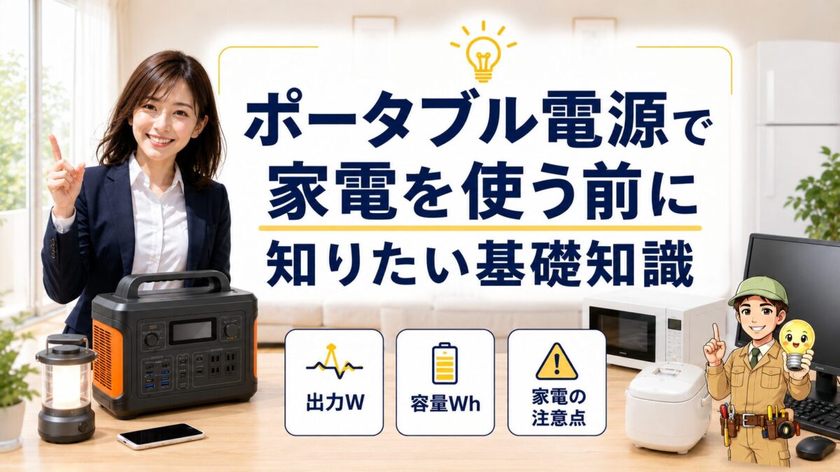 ポータブル電源で家電を安全に使うための出力と容量の基礎を示した画像